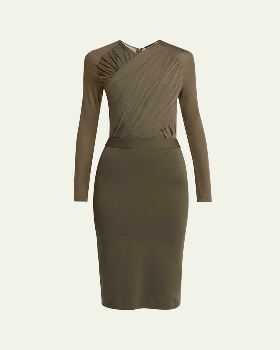 Ruched Jersey Long-Sleeve Midi Dress